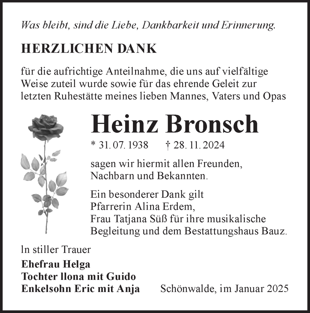  Traueranzeige für Heinz Bronsch vom 01.02.2025 aus Lausitzer Rundschau