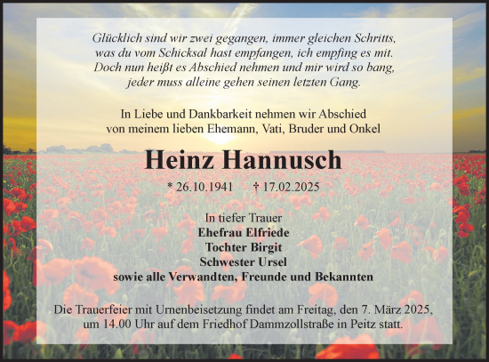 Traueranzeige von Heinz Hannusch von Lausitzer Rundschau