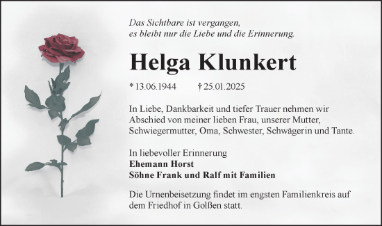Traueranzeige von Helga Klunkert von Lausitzer Rundschau