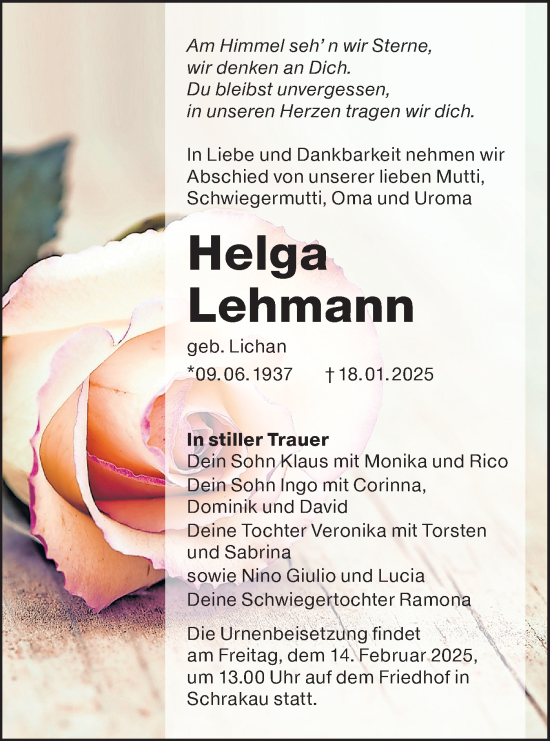 Traueranzeige von Helga Lehmann von Lausitzer Rundschau
