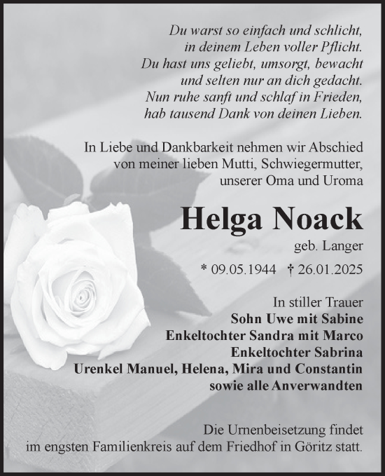 Traueranzeige von Helga Noack von Lausitzer Rundschau