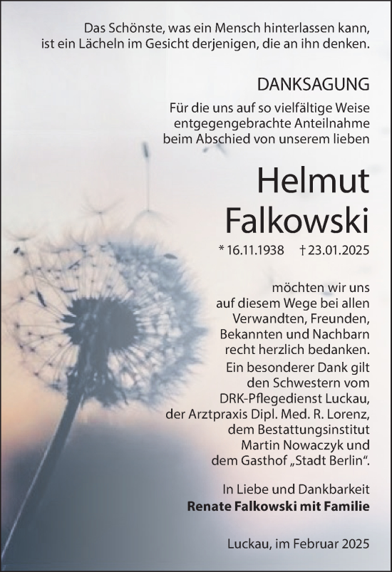 Traueranzeige von Helmut Falkowski von Lausitzer Rundschau