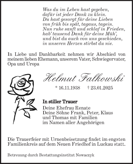 Traueranzeige von Helmut Falkowski von Lausitzer Rundschau
