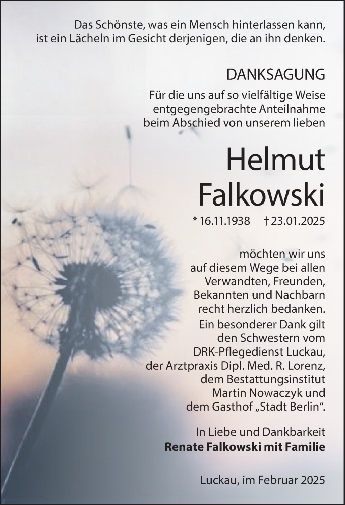  Traueranzeige für Helmut Falkowski vom 22.02.2025 aus Lausitzer Rundschau