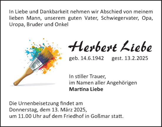 Traueranzeige von Herbert Liebe von Lausitzer Rundschau