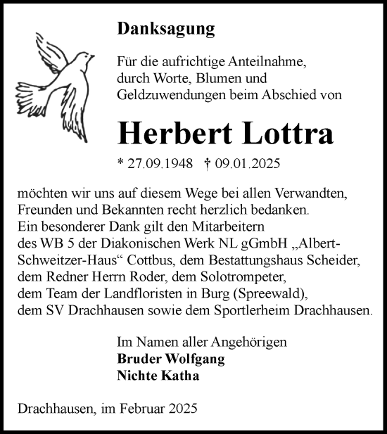 Traueranzeige von Herbert Lottra von Lausitzer Rundschau