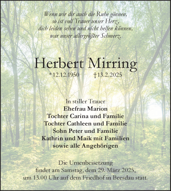 Traueranzeige von Herbert Mirring von Lausitzer Rundschau