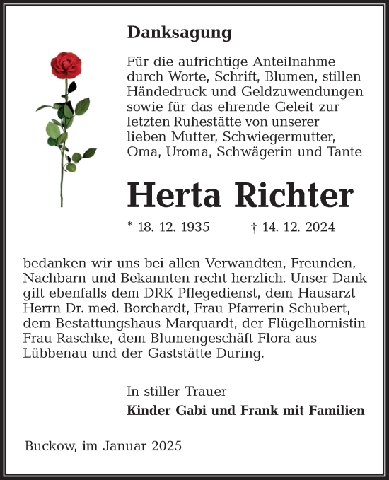Traueranzeige von Herta Richter von Lausitzer Rundschau