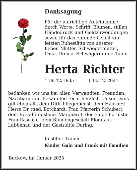 Traueranzeige von Herta Richter von Lausitzer Rundschau
