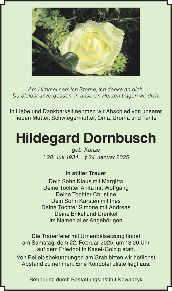  Traueranzeige für Hildegard Dornbusch vom 15.02.2025 aus Lausitzer Rundschau
