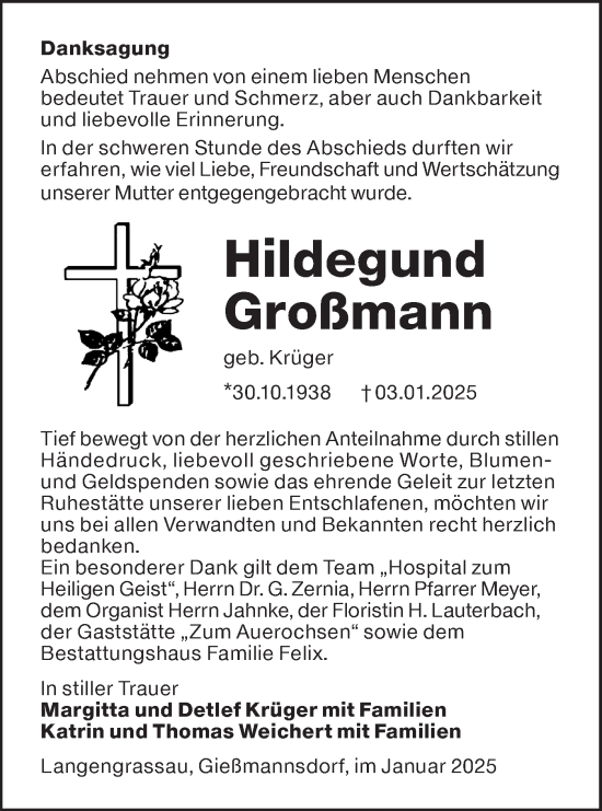 Traueranzeige von Hildegund Großmann von Lausitzer Rundschau