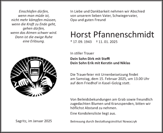 Traueranzeige von Horst Pfannenschmidt von Lausitzer Rundschau
