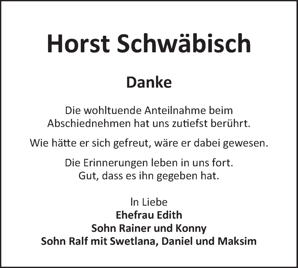  Traueranzeige für Horst Schwäbisch vom 15.02.2025 aus Lausitzer Rundschau