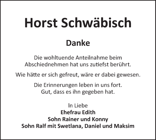 Traueranzeige von Horst Schwäbisch von Lausitzer Rundschau