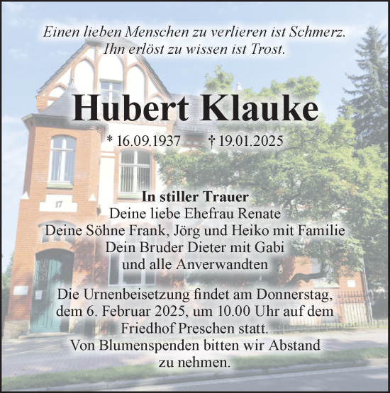 Traueranzeige von Hubert Klauke von Lausitzer Rundschau