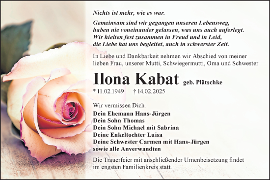 Traueranzeige von Ilona Kabat von Lausitzer Rundschau