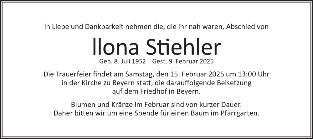  Traueranzeige für Ilona Stiehler vom 12.02.2025 aus Lausitzer Rundschau