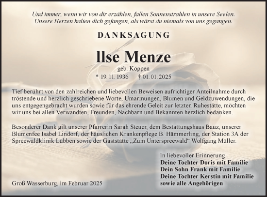 Traueranzeige von Ilse Menze von Lausitzer Rundschau