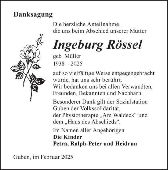 Traueranzeige von Ingeburg Rössel von Lausitzer Rundschau