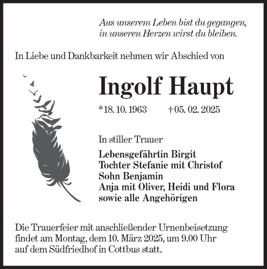 Traueranzeige von Ingolf Haupt von Lausitzer Rundschau