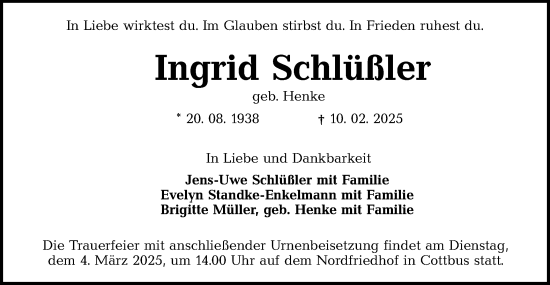 Traueranzeige von Ingrid Schlüßler von Lausitzer Rundschau