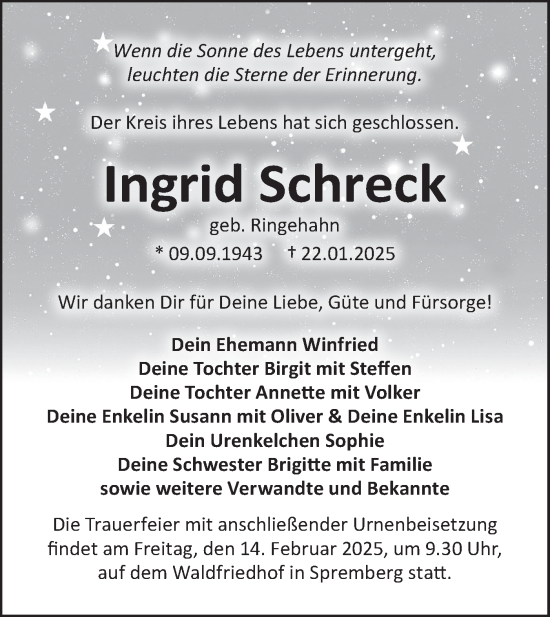 Traueranzeige von Ingrid Schreck von Lausitzer Rundschau