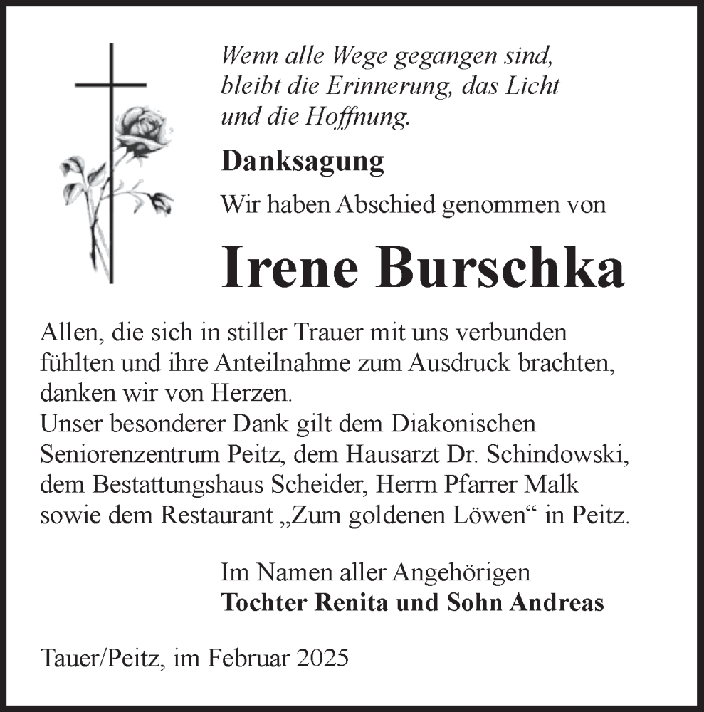  Traueranzeige für Irene Burschka vom 15.02.2025 aus Lausitzer Rundschau
