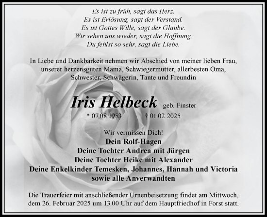 Traueranzeige von Iris Helbeck von Lausitzer Rundschau