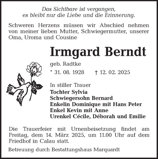 Traueranzeige von Irmgard Berndt von Lausitzer Rundschau
