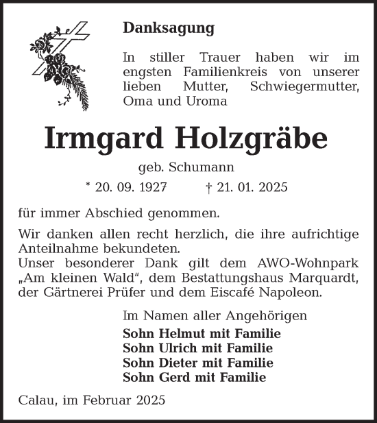 Traueranzeige von Irmgard Holzgräbe von Lausitzer Rundschau