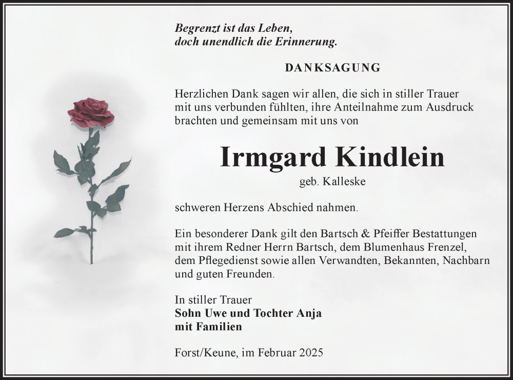  Traueranzeige für Irmgard Kindlein vom 22.02.2025 aus Lausitzer Rundschau