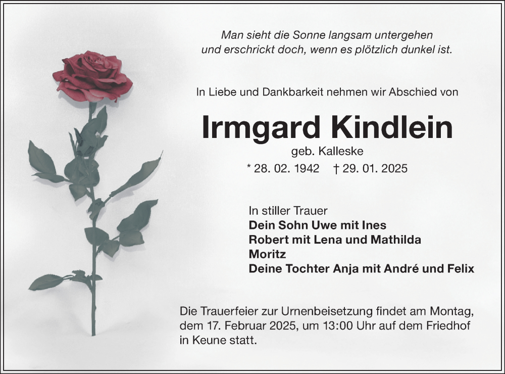  Traueranzeige für Irmgard Kindlein vom 08.02.2025 aus Lausitzer Rundschau