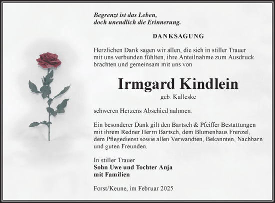 Traueranzeige von Irmgard Kindlein von Lausitzer Rundschau