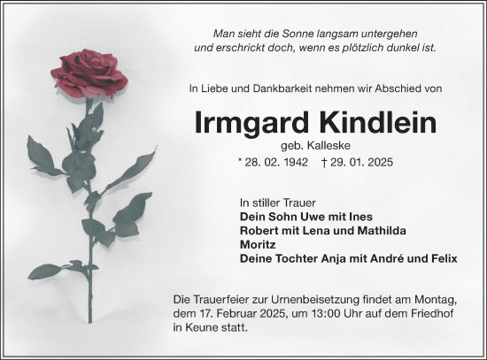 Traueranzeige von Irmgard Kindlein von Lausitzer Rundschau