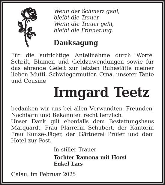 Traueranzeige von Irmgard Teetz von Lausitzer Rundschau