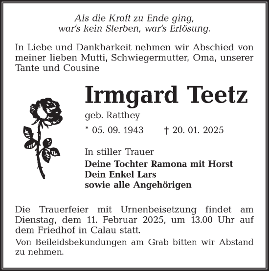 Traueranzeige von Irmgard Teetz von Lausitzer Rundschau