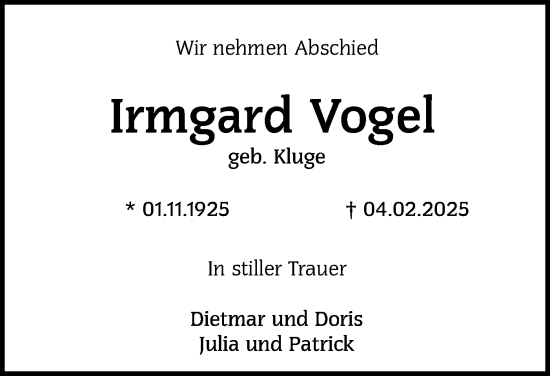 Traueranzeige von Irmgard Vogel von Lausitzer Rundschau