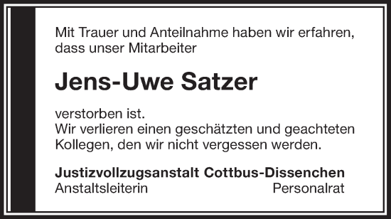 Traueranzeige von Jens-Uwe Satzer von Lausitzer Rundschau