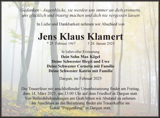 Traueranzeige von Jens Klaus Klamert von Lausitzer Rundschau
