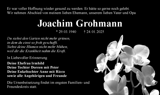 Traueranzeige von Joachim Grohmann von Lausitzer Rundschau