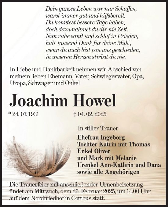 Traueranzeige von Joachim Howel von Lausitzer Rundschau