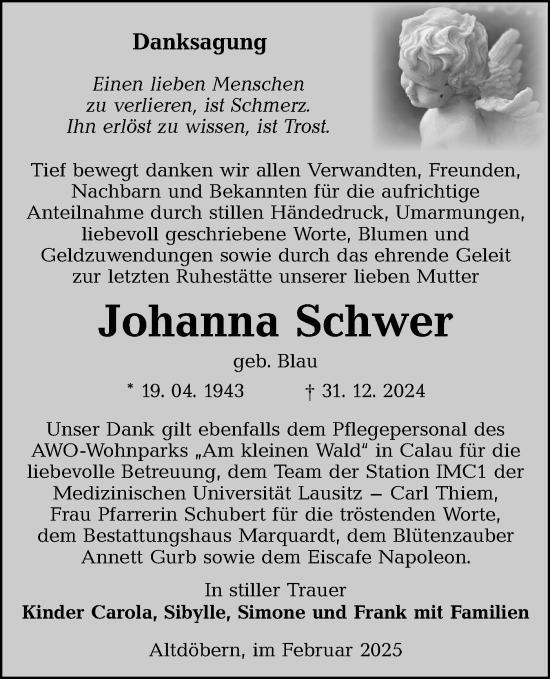 Traueranzeige von Johanna Schwer von Lausitzer Rundschau
