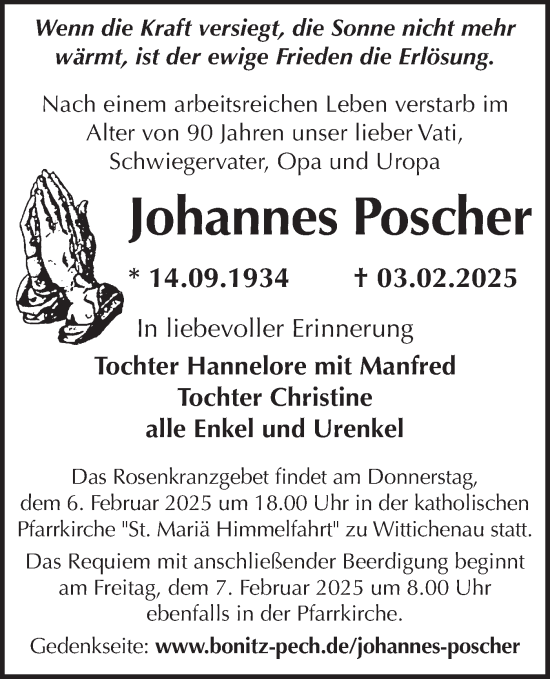 Traueranzeige von Johannes Poscher von Lausitzer Rundschau