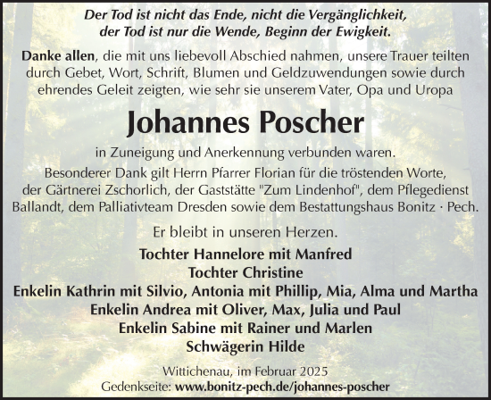Traueranzeige von Johannes Poscher von Lausitzer Rundschau