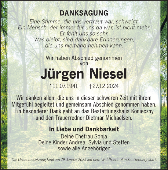 Traueranzeige von Jürgen Niesel von Lausitzer Rundschau