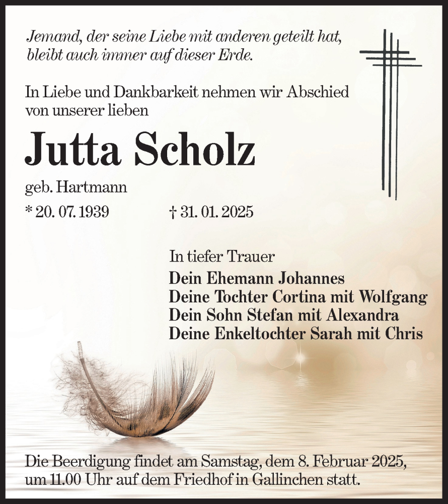  Traueranzeige für Jutta Scholz vom 05.02.2025 aus Lausitzer Rundschau