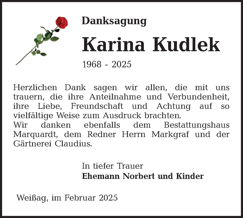  Traueranzeige für Karina Kudlek vom 22.02.2025 aus Lausitzer Rundschau
