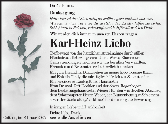 Traueranzeige von Karl-Heinz Liebo von Lausitzer Rundschau