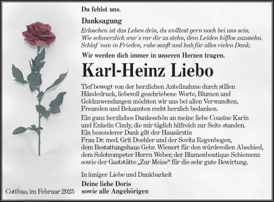 Traueranzeige von Karl-Heinz Liebo von Lausitzer Rundschau