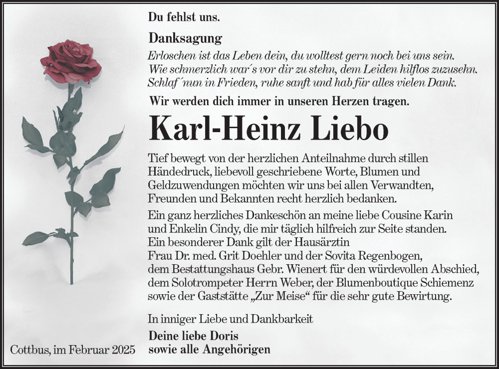  Traueranzeige für Karl-Heinz Liebo vom 22.02.2025 aus Lausitzer Rundschau